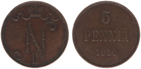 Finland - Nicholas II (1894-1917) - 5 Penniä 1910 (KM15, Sieg12) - Obv: Crown above monogram / Rev: Value and date - XF