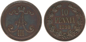 Finland - Nicholas II (1894-1917) - 10 Penniä 1890 (KM12, Sieg23) - Obv: Crown above monogram / Rev: Value and date within wreath - a.XF