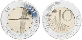 Finland - Republic - 10 Markkaa 1995-M - Finland's EU membership (KM82a, Sieg98, Holm.861) - Obv: Swan left in flight / Rev: Branches and value - bi-m...