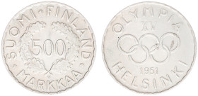 Finland - Republic - 500 Markkaa 1951-H (KM35, Sieg70) - Obv: Value within wreath / Rev: Olympic rings - XF, the first of the modern Olympic Coins and...