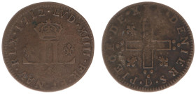 France - Royal (987-1793) - Louis XIV (1643-1715) - 30 Deniers au 2 L couronnés 1712-D, Lyon - Mousquetaire (KM378.2, Gad.102) - Obv: Crown over 2 L's...