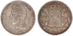 France - Kingdom - Charles X (1824-1830) - 5 Francs 1826-W, Lille (KM728.13, Gad.644) - Obv: Head left / Rev: Crowned shield within wreath - XF