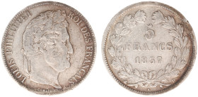 France - Kingdom - Louis Philippe I (1830-1848) - 5 Francs 1837-D, Lyon (KM749.4, Gad.678) - Obv: Laureate head right / Rev: Value within wreath - min...