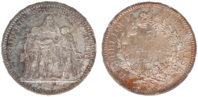 France - Third Republic (1871-1940) - 5 Francs 1872-A (KM820.1, Gad.745a) - Obv: Hercules group / Rev: Value within wreath - UNC, attractive patina