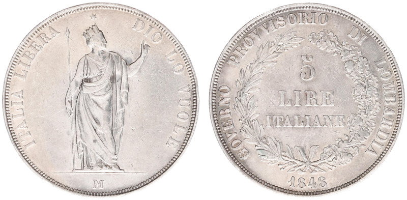 Italy - Lombardy-Venetia - Provisional Coinage - 5 Lire 1848-M (KM22.1, Gig.3, M...