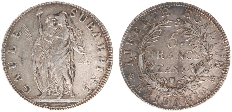 Italy - Subalpine Republic (1800-1802) - 5 Francs l'An 9 (1801), Torino (KM4, Gi...