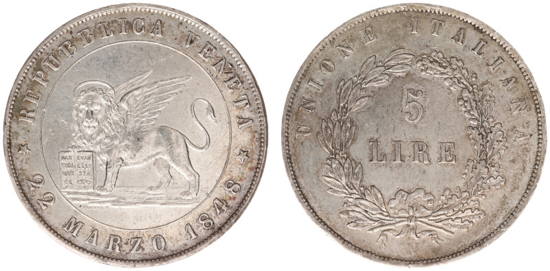 Italy - Venice - Gov. Provvisorio (1848-1849) - 5 Lire 1848-V (KM804, Gig.2) - O...