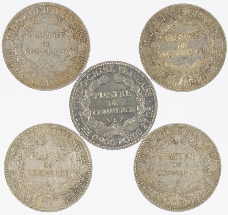 Coins world in boxes - French Indo China - Lot with 5x Piastre: 1903-A, 1905-A, ...