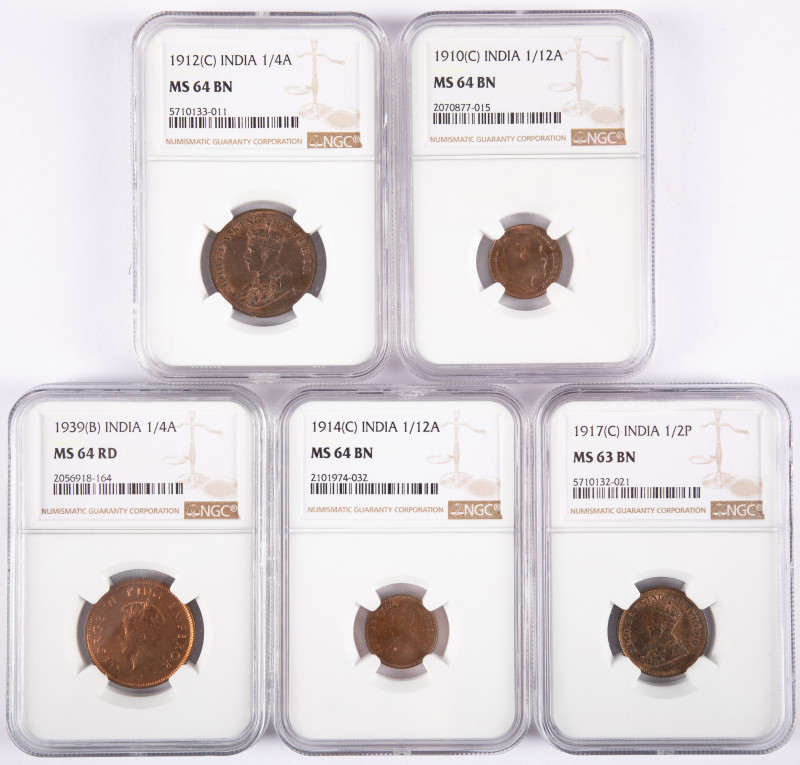 Coins world in boxes - India - Lot with 5 coins India, all in NGC slabs: 1/12 An...