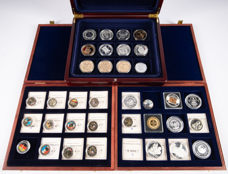 Coins world in boxes - World coins - Wooden boxes with commemorative World coins...