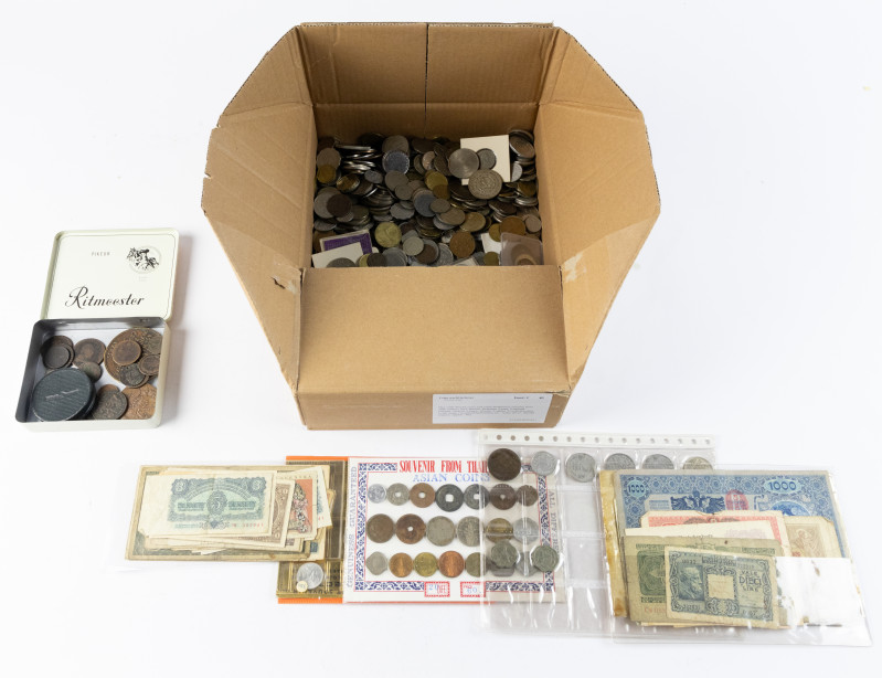 Coins world in boxes - World coins - Box with world coins and some banknotes sta...