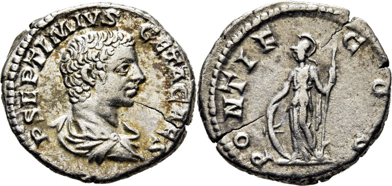 IMPERIO ROMANO. Geta. Denario. 203-208 d.C. PONTIF COS. Minerva de pie con lanza...