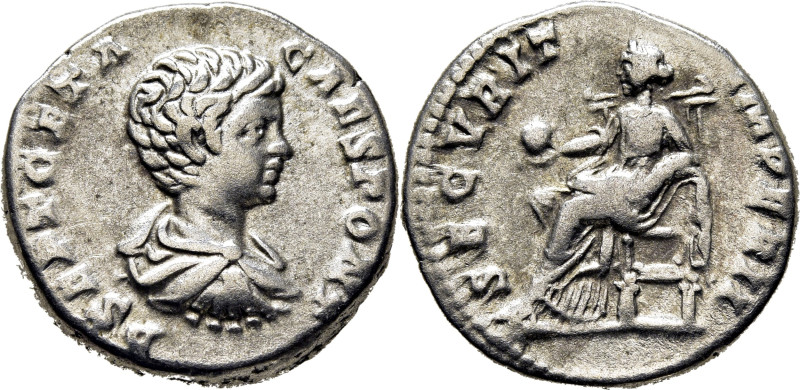 IMPERIO ROMANO. Geta. Denario. 200-202 d.C. SECVRIT IMPERII. Sedente a izquierda...