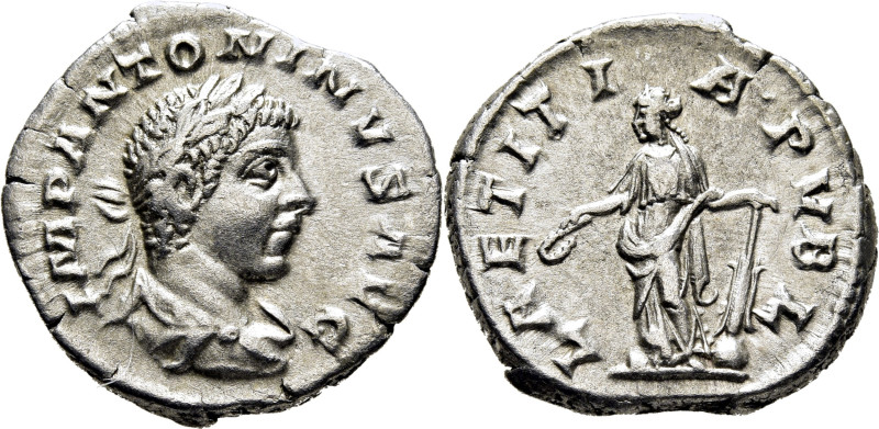 IMPERIO ROMANO. Heliogábalo. Denario. Hacia 220 d.C. LAETITIA PVBL. Alegría esta...