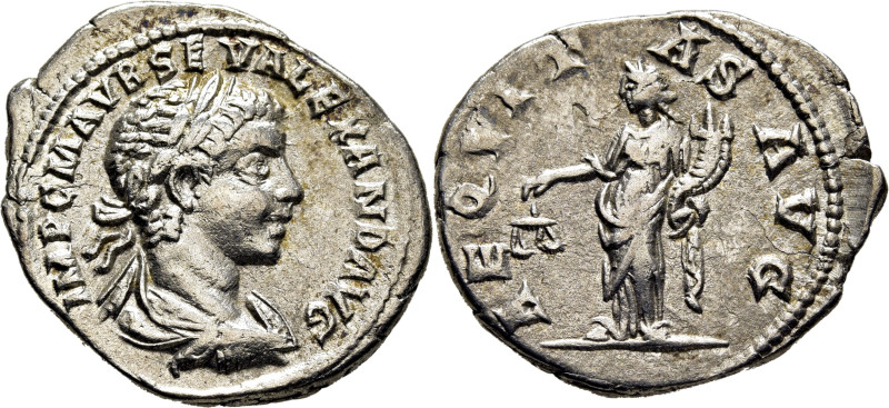 IMPERIO ROMANO. Alejandro Severo. Denario. 232-235 d.C. AEQVITAS AVG. Estante co...