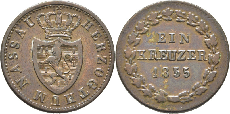 ALEMANIA-NASSAU. Escudo. 1 kreuzer. 1855. K67. Casi MBC+. El propietario la valo...