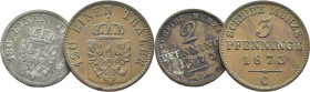 ALEMANIA-PRUSIA. Escudo. 2 pfenning. 1873B. 3 pfenning. 1873C. Lote de 2