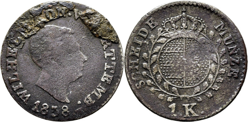 ALEMANIA WURTTEMBERG. Guillermo. 1 kreuzer. 1838. K548. Metal pegado por oxidaci...