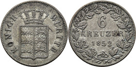 ALEMANIA WURTTEMBERG. Escudo. 6 kreuzer. 1852