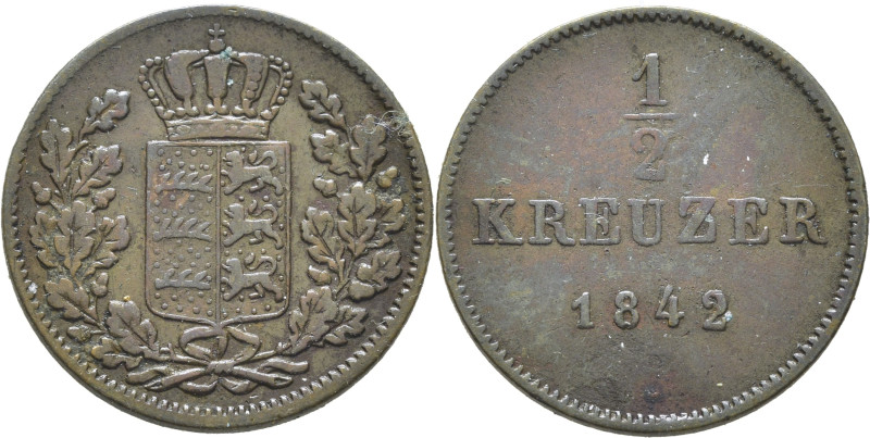 ALEMANIA WURTTEMBERG. Escudo. 1/2 kreuzer. 1842. K589. MBC+/MBC. El propietario ...