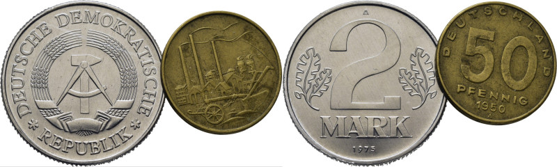 ALEMANIA DEL ESTE. Fábrica. Emblema. 50 pfenning. 1950A. 2 marcos. 1975. K4 y 48...