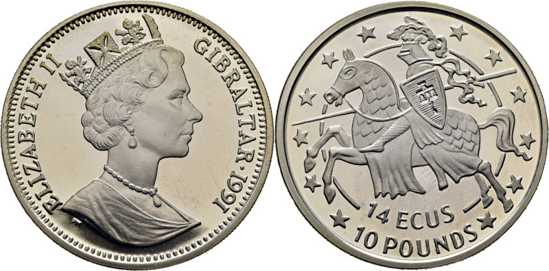 GIBRALTAR. Isabel II. 14 ecus=10 libras. 1991. K87 (20$). Leve huella dactilar. ...