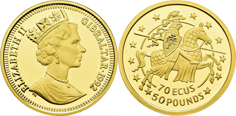 GIBRALTAR. Isabel II. 70 ecus=50 libras en oro. 1992. K629 (180$). 6´24 g. PROOF...