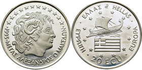 GRECIA. Alejandro Magno y nave. 20 ecus de plata. 1993. PROOF FDC. Ligera pátina blanquecina