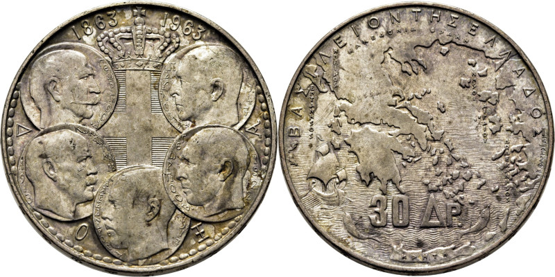 GRECIA. Cinco reyes. Centenario de la Nación. 30 dracmas. 1863-1963. K86. Alguna...
