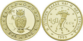 GRECIA. Lechuza y cuerno de Amaltea. 150 ecus en oro. 1993. PROOF FDC