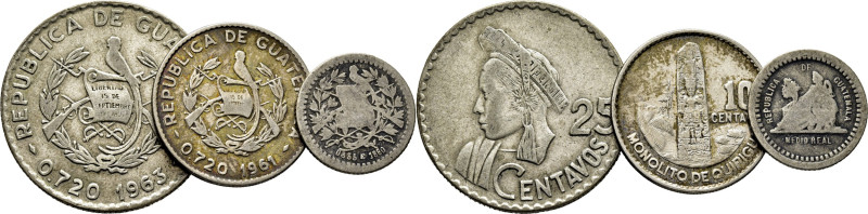 GUATEMALA. Libertad, monolito y aborigen. 1/2 real, 10 centavos y 25 centavos. 1...