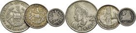 GUATEMALA. Libertad, monolito y aborigen. 1/2 real, 10 centavos y 25 centavos. 1880E, 1961 y 1963. Lote de 3