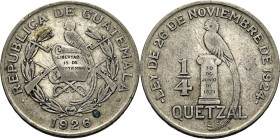 GUATEMALA. Ave Quetzal. 1/4 quetzal. 1926