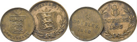 GUERNESEY. Escudo (Victoria). 4 doubles y 8 doubles. 1868 y 1889. Lote de 2