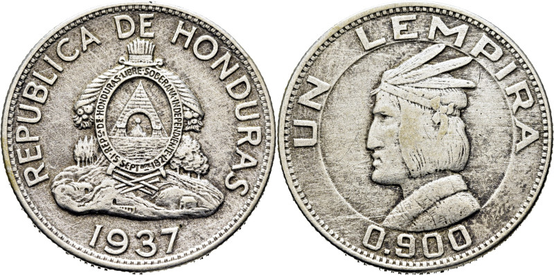 HONDURAS. Busto y escudo. 1 Lempira. 1937. K75. Abundantes rayitas por limpieza....