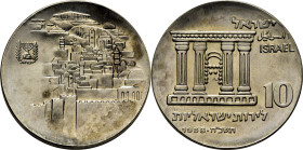 ISRAEL. Frontal de templo y vista de Jerusalén. 10 lirot. 1968. SC+/SC