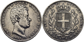 ITALIA. Cerdeña. Carlos Alberto. 5 liras. 1849. Génova