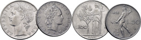 ITALIA. República-Forjador. 50 liras. 1958. Más 100 liras. Atenea. Lote de 2