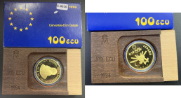 ESPAÑA. Don Quijote de la Mancha y Cervantes. 1994. 100 ecus. Oro. PROOF FDC