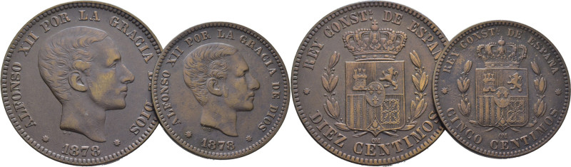 ALFONSO XII. Barcelona. 5 y 10 céntimos. 1878. OM. Cy17482 y 17478. MBC. Lote de...