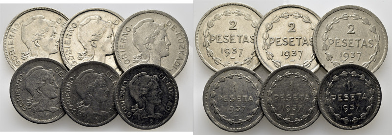 GUERRA CIVIL. II REPÚBLICA. GOBIERNO DE EUZKADI. 1 y 2 pesetas. 1937. Tres juego...