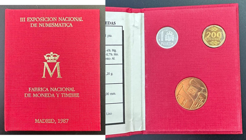 JUAN CARLOS I. 200 pesetas, 1 peseta y medalla. Madrid 1987. III Exposición Naci...