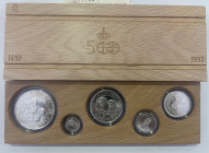 JUAN CARLOS I. V Centenario Descubrimiento de América. 2.000 a 100 pesetas (5 piezas). 1990. PROOF FDC