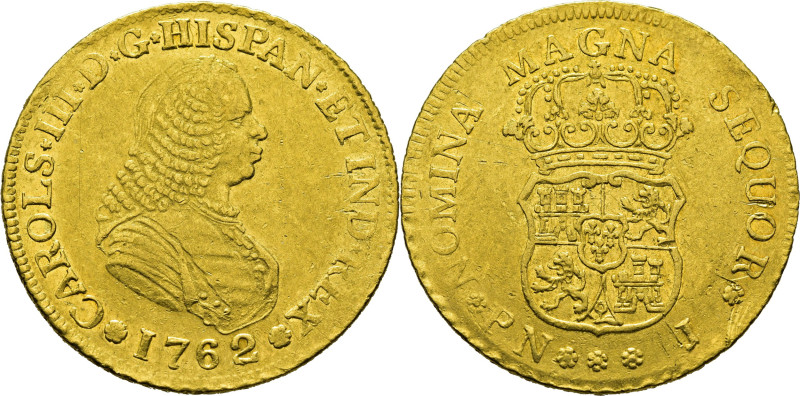 CARLOS III. Popayán. 4 escudos. 1762. J. Con los tipos de Fernando VI. Sin punto...