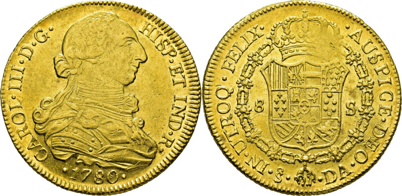 CARLOS III. Santiago. 8 escudos. 1780 el tercer dígito podría estar rectificado ...