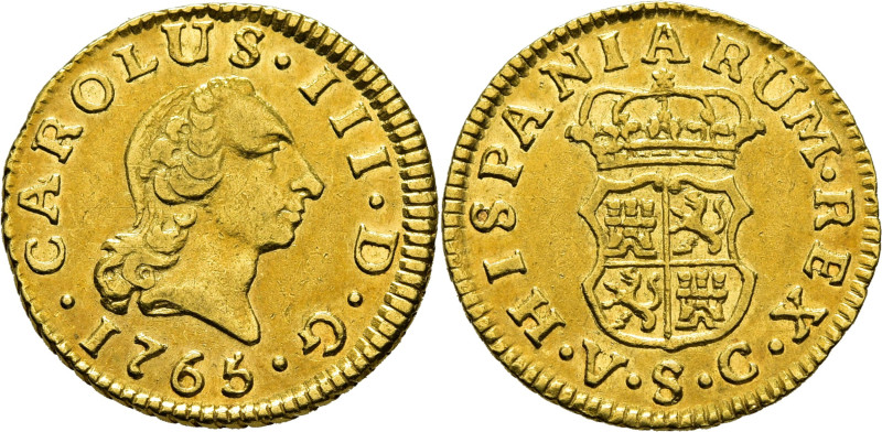 CARLOS III. Sevilla. 1/2 escudo. 1765. VC. Cy12152. 1´75 g. Casi MBC+, restos de...