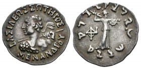 Bactria e Indogrecia. Menander. Dracma-Drachm. 160-145 a.C. (Se-7604). Anv.: Busto diademado a izquierda, alrededor leyenda. Rev.: Atenea en pie a der...