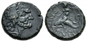 Calabria. Brundisium. Semis. 200-89 a.C. (Sng Ans-781 variante). Anv.: Cabeza de Poseidón. Rev.: Figura masculina sobre delfín a izquierda. Ae. 8,91 g...