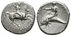Calabria. Tarento. Didracma-Didrachm. 272-235 a.C. (Cy-307 variante). Anv.: Jinete a derecha con lanza. Rev.: Taras a izquierda sobre delfín. Ag. 7,96...