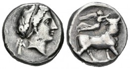 Campania. Neapolis. Didracma-Didrachm. 340-241 a.C. (Cy-134 variante). (Sng Ans-342). (Gc-309). Anv.: Cabeza diademada de Ninfa a derecha, detrás Arte...